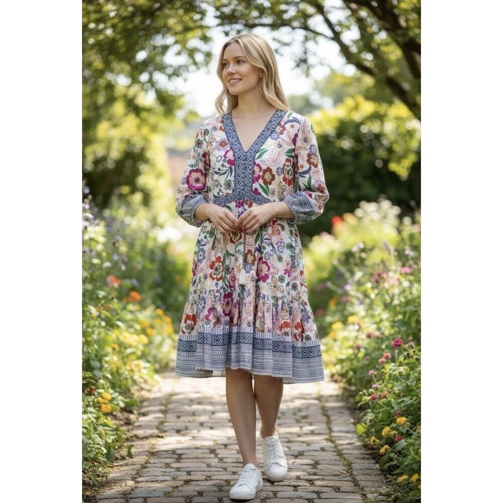 Summer Fall Floral Boho Dress XL Tiered Knee Length Peasant Cotton Women's Chic